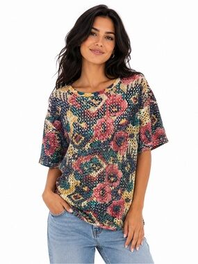 Vintage 90s Sostanza Mesh Floral Abstract Top Oversized Sheer Grunge Boho